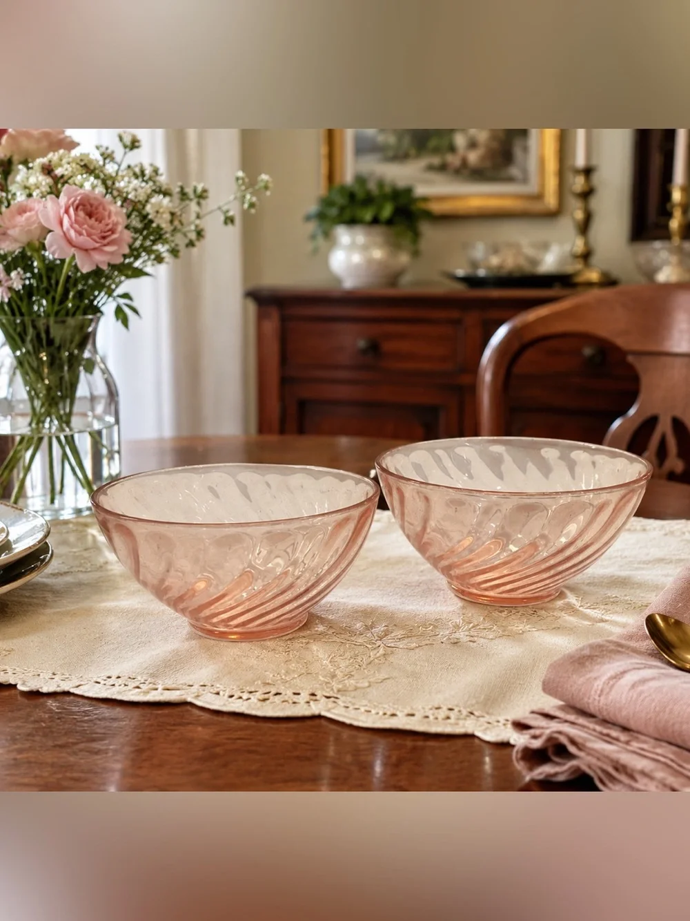 Vintage Arcoroc Rosaline Pink Swirl Glass Bowls Set of 2 France
